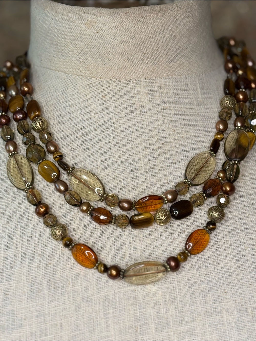 Handmade Multi Strand Tiger Eye Beaded Necklace Earth Tone Boho Statement